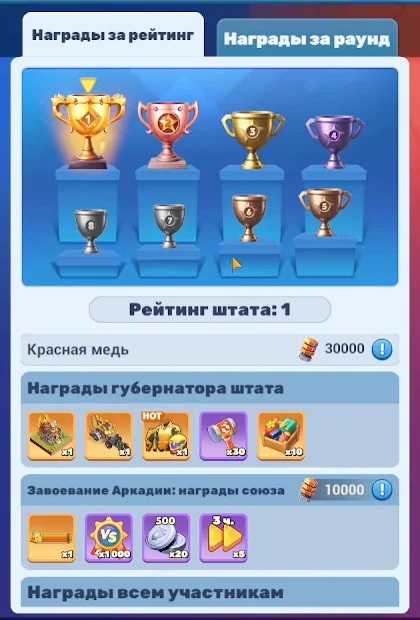 Окно «Награды за Состязание штатов» в Tiles Survive: восемь кубков рейтинга штата, награды губернатора и награды союза за Завоевание Аркадии