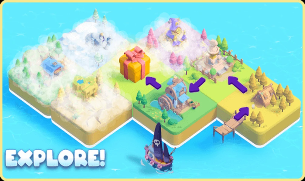 Плитки Tiles Survive с подарочным ящиком, фиолетовыми стрелками и лодкой, подпись EXPLORE
