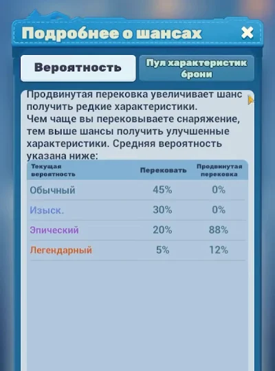 Окно «Подробнее о шансах» в Tiles Survive: вкладки «Вероятность» и «Пул характеристик брони» и таблица шансов по редкости