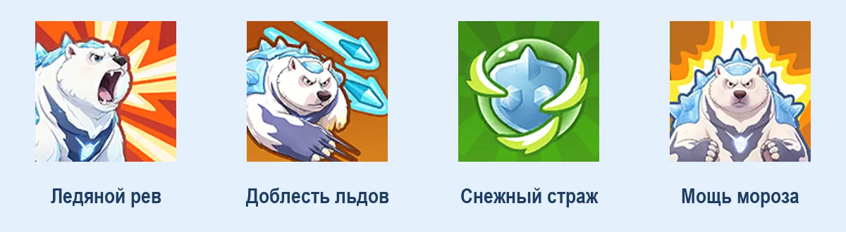 Четыре значка навыков питомца Снежка в Tiles Survive: Ледяной рев, Доблесть льдов, Снежный страж и Мощь мороза